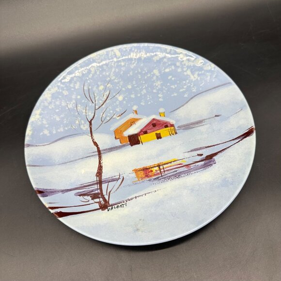 Vintage Wall Hanging Plate Italian Pottery Winter Blue Snow Cabin Lake Italy - Picture 1 of 10